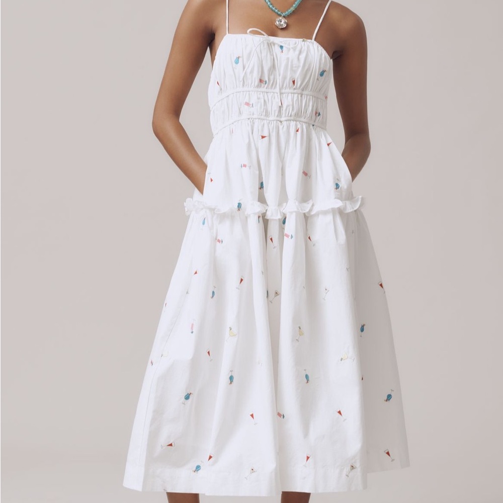 Anthropologie White Maxi Dress with Multicolor Embroidered Drinks